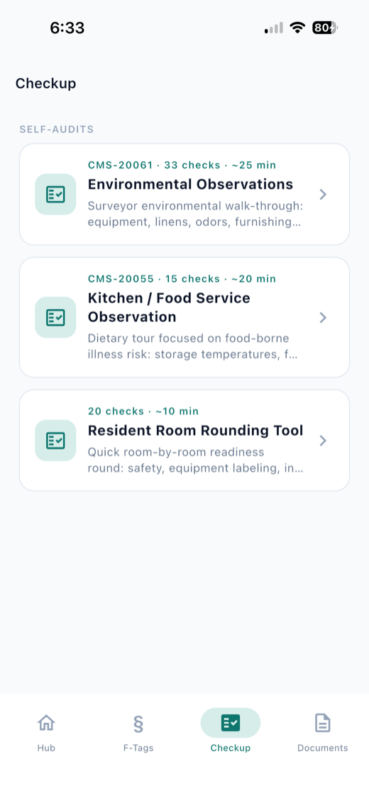 Checkup tab listing CMS self-audits: Environmental Observations, Kitchen / Food Service, and Room Rounding