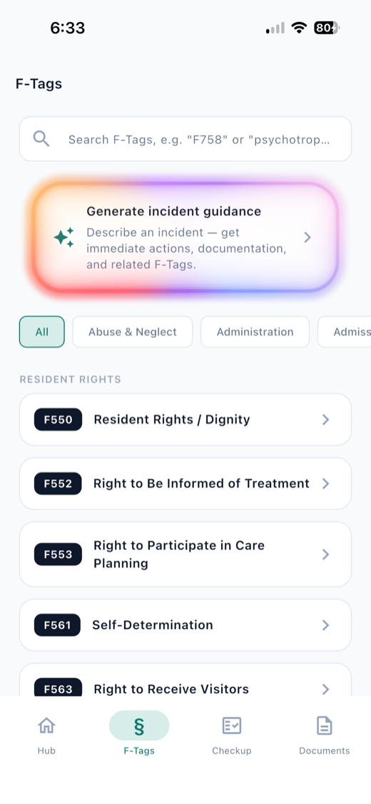 F-Tags tab with search, AI incident guidance, and the resident rights regulation list