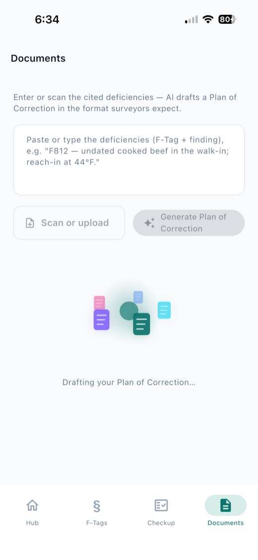 Documents tab drafting a Plan of Correction from scanned deficiencies
